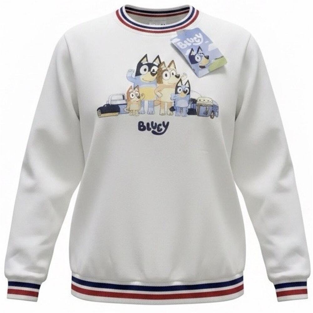 Bluey Adult XS Crewneck Sweatshirt Cream Graphic Ribbed Trim NEW